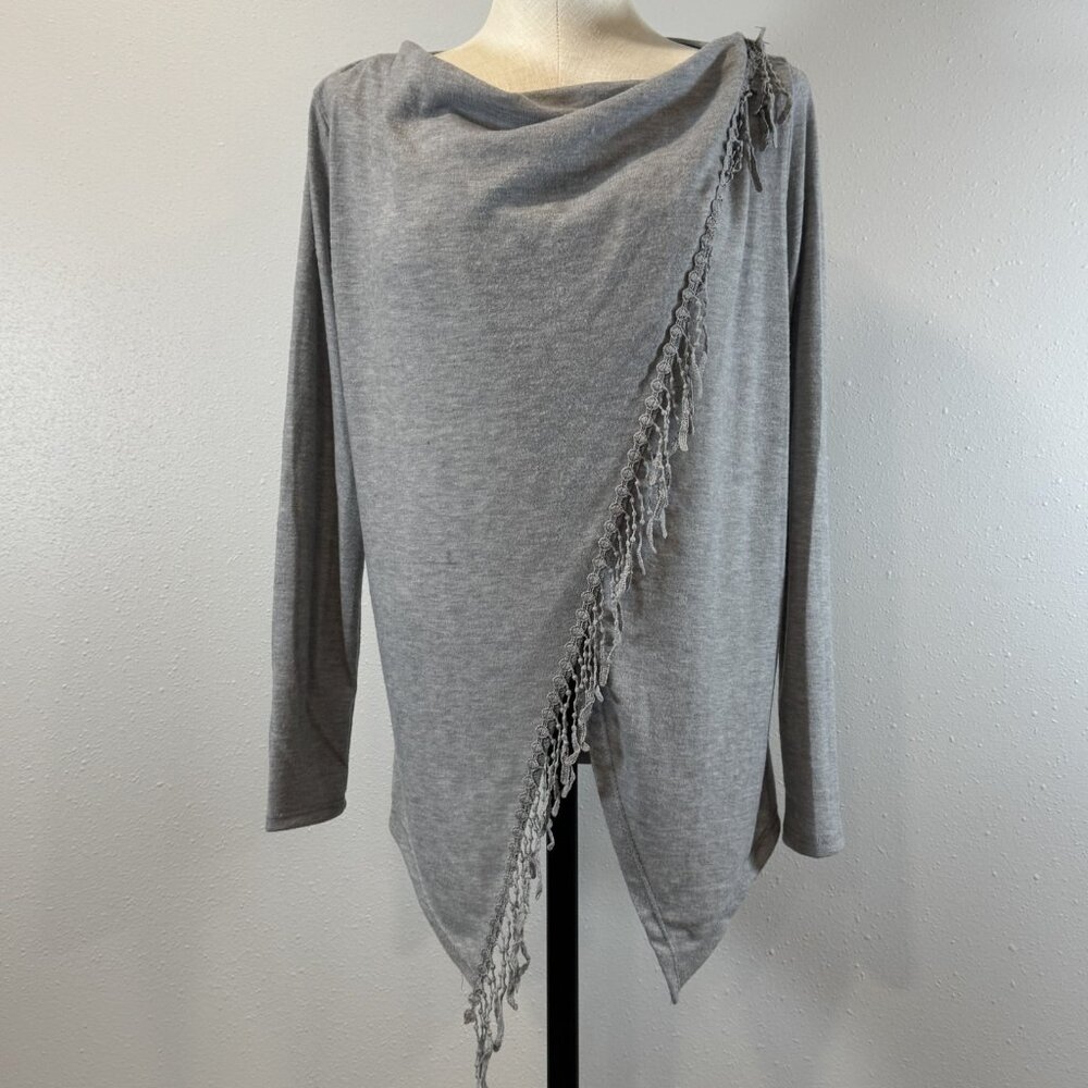 Maurices Womens Sz S Gray Wrap Top Cowl Neck Asymmetrical Fringe Long Sleeve NWT